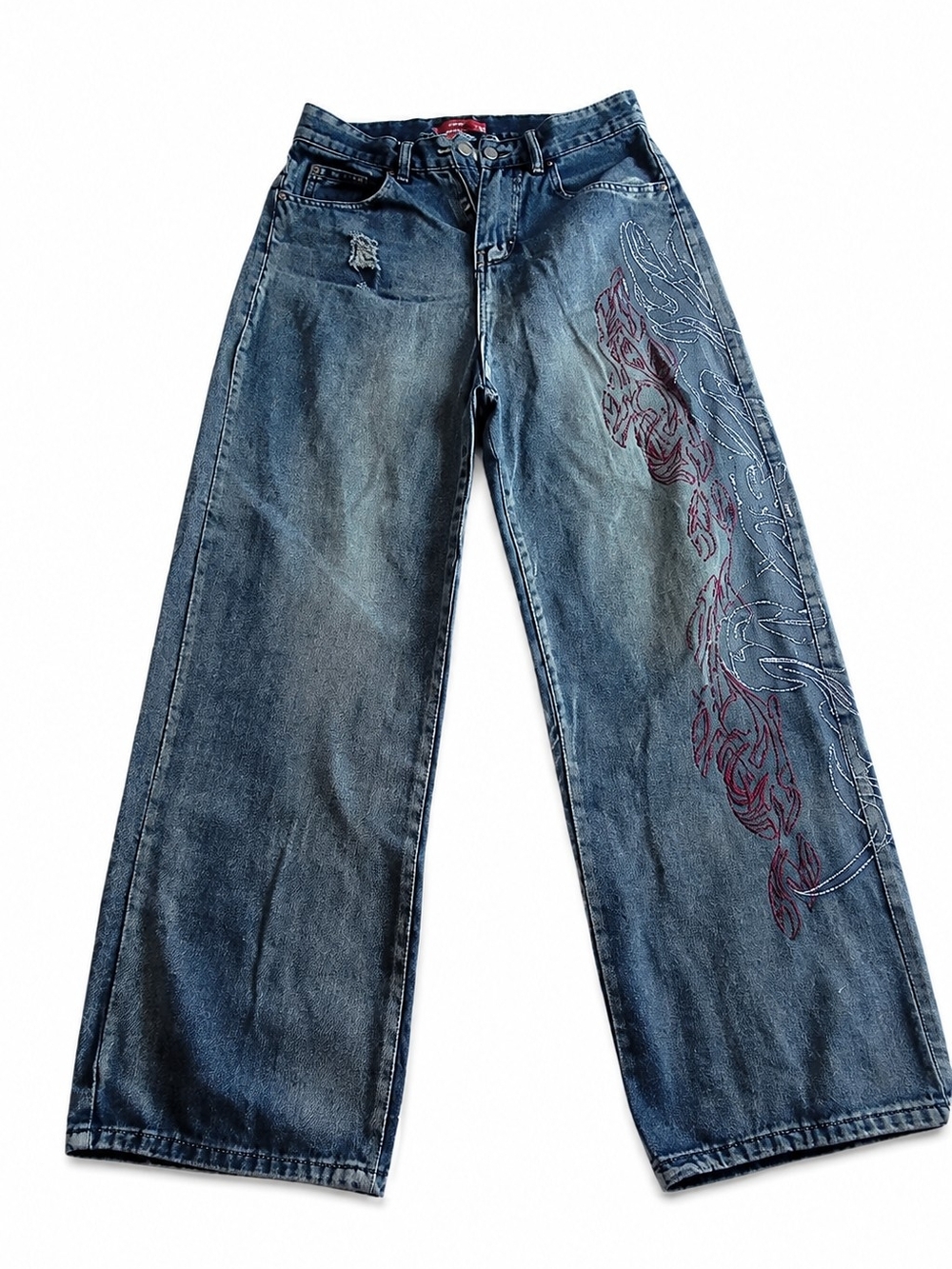 Jaded London Relaxed Wide-Leg Blue Jeans with Red Embroidery